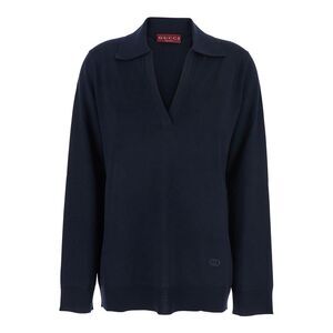Gucci Women Blue Polo Collar Sweater With Gg Logo On The Front In Wool Woman